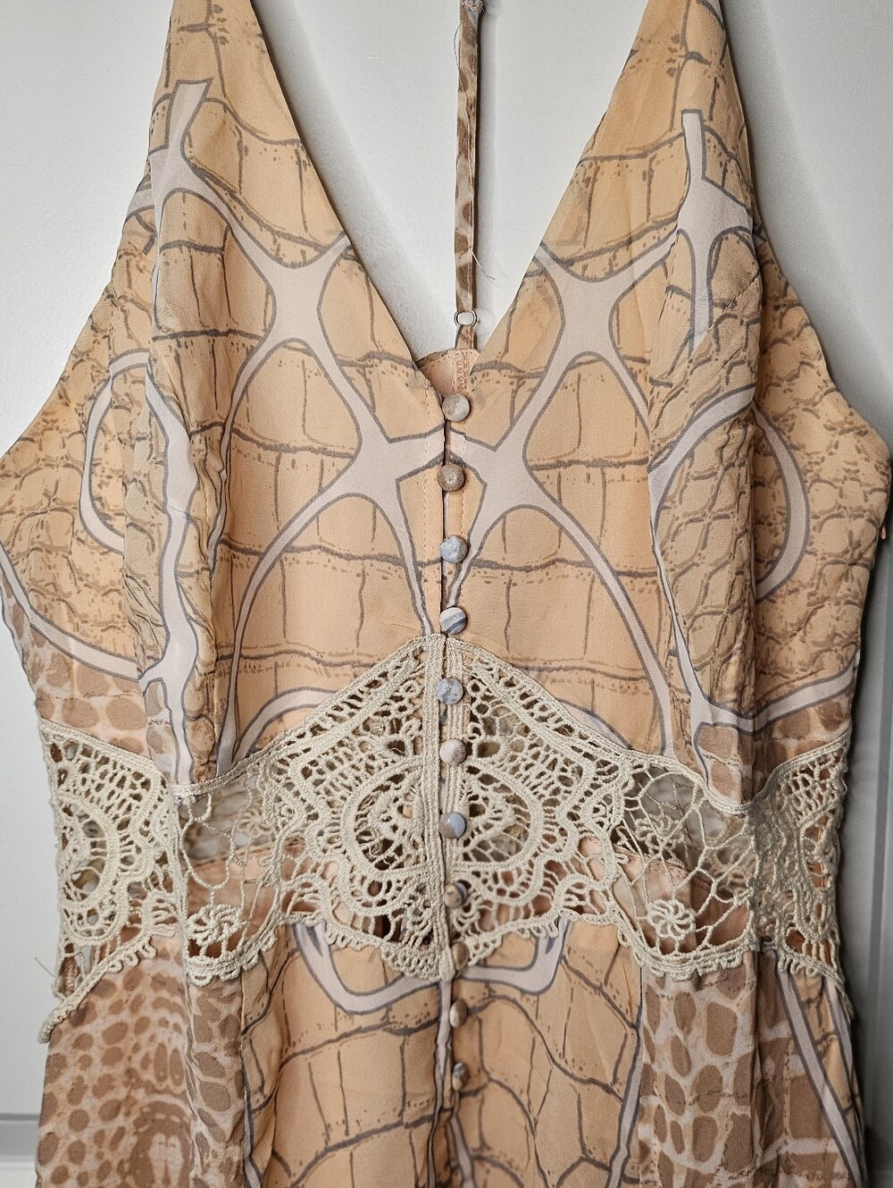 Virgin Only Women's L Boho Maxi Dress Crochet Lace Animal Print Racerback Peach - Picture 6 of 16